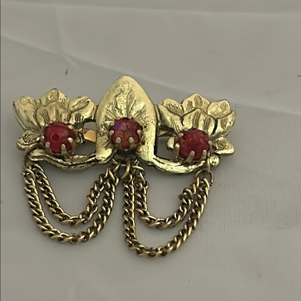 Vintage Regal Gold and Red Brooch with Chains